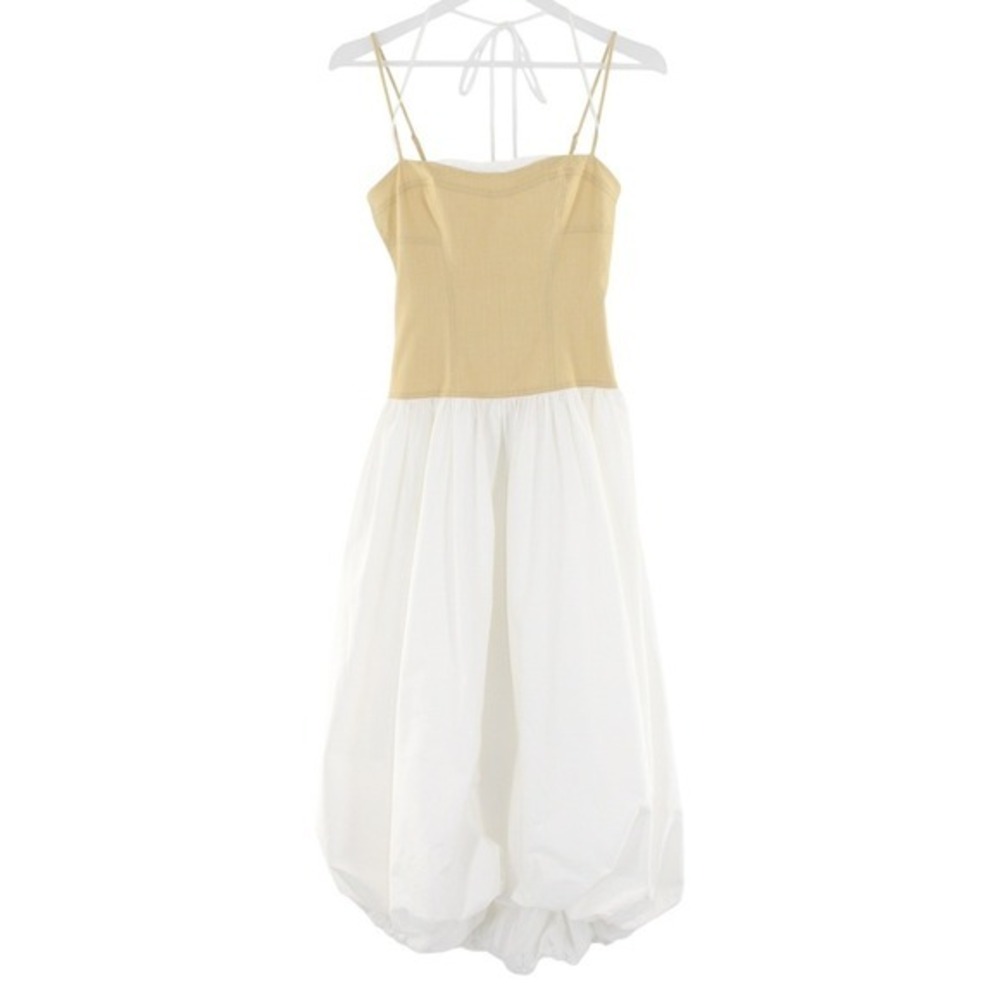 Moon River Midi Dress Bubble Hem Lace Up Back XS Tan White